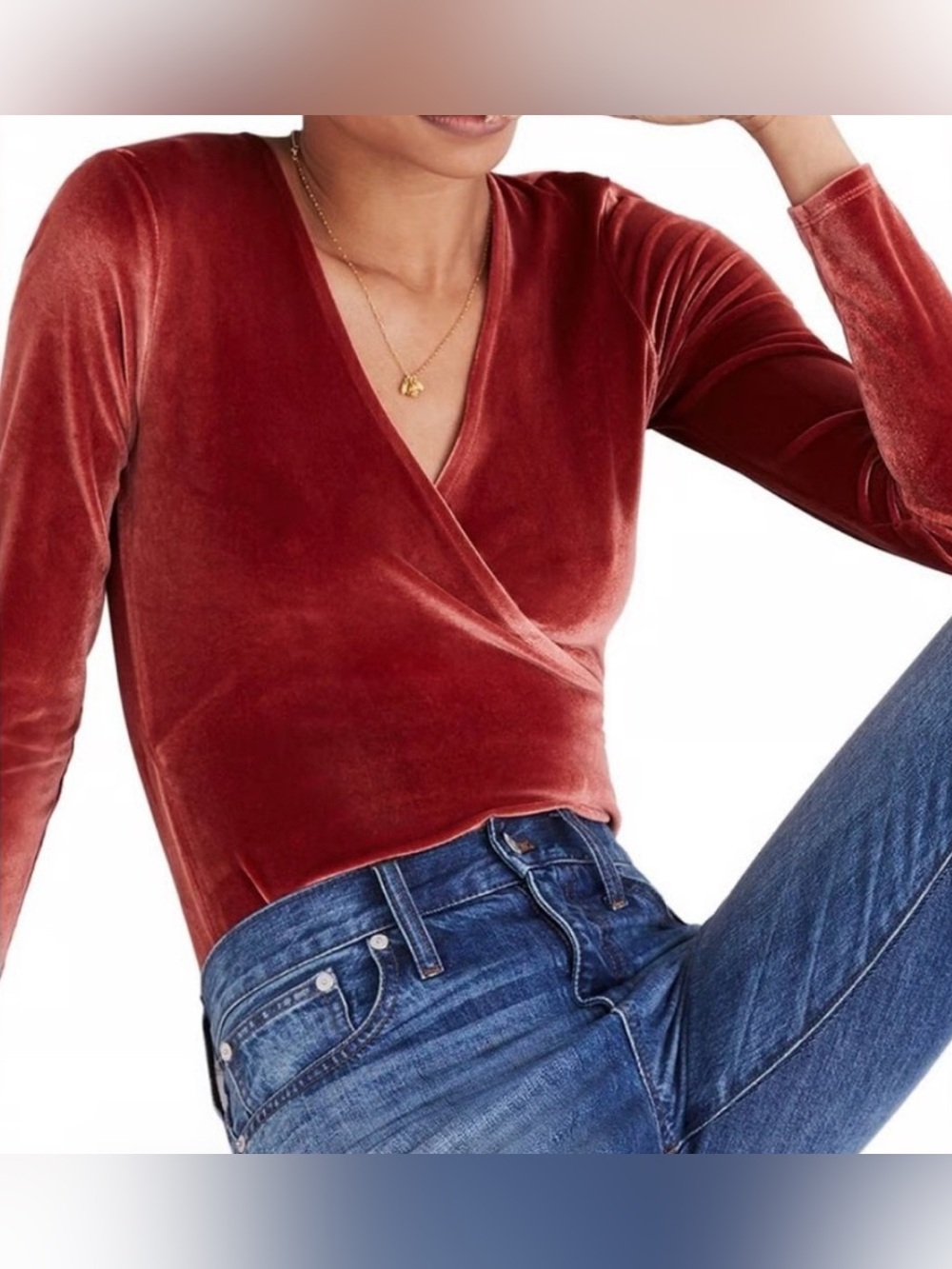 Madewell Crushed Velvet Rust Faux Wrap Long Sleeve Bodysuit M